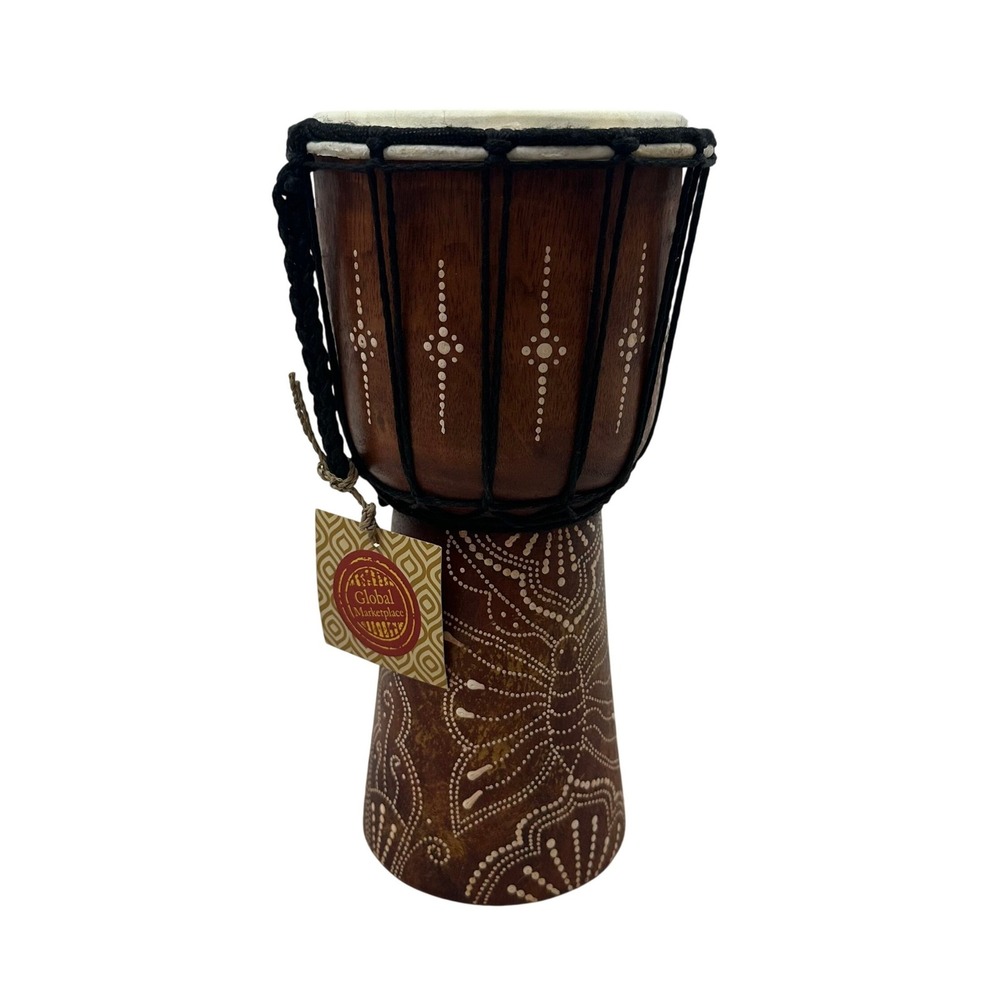 Global Marketplace Handcrafted Wood Djembe Drum Indonesia Dot Painted Butterfly